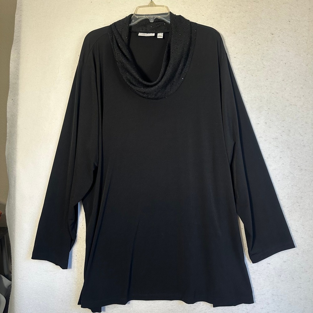 Susan Graver Black Liquid Knit Cowl Neck Sequin Trim Tunic Top 5X Long Sleeve